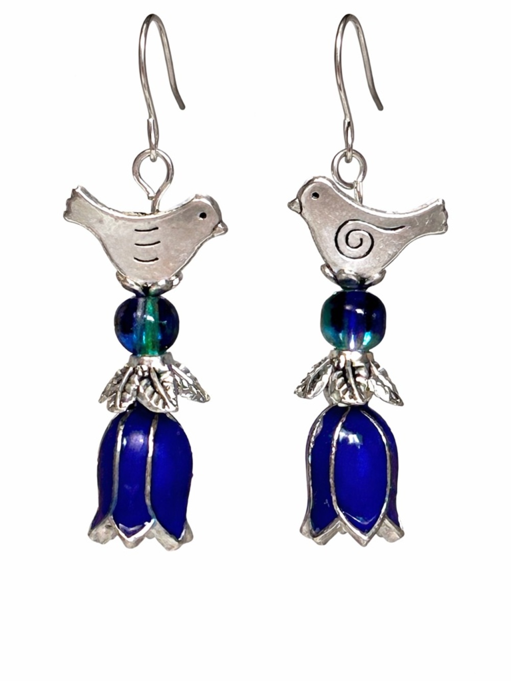 Silver Bird Earrings . Enamel Blue Flower . Boho Dangle Drop - Picture 6 of 7